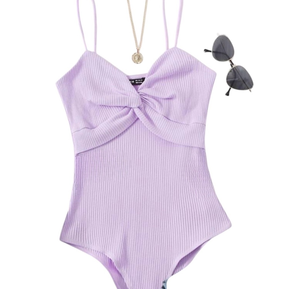 Lilac ribbed bodysuit with spaghetti straps, twist front detail, new with tags.